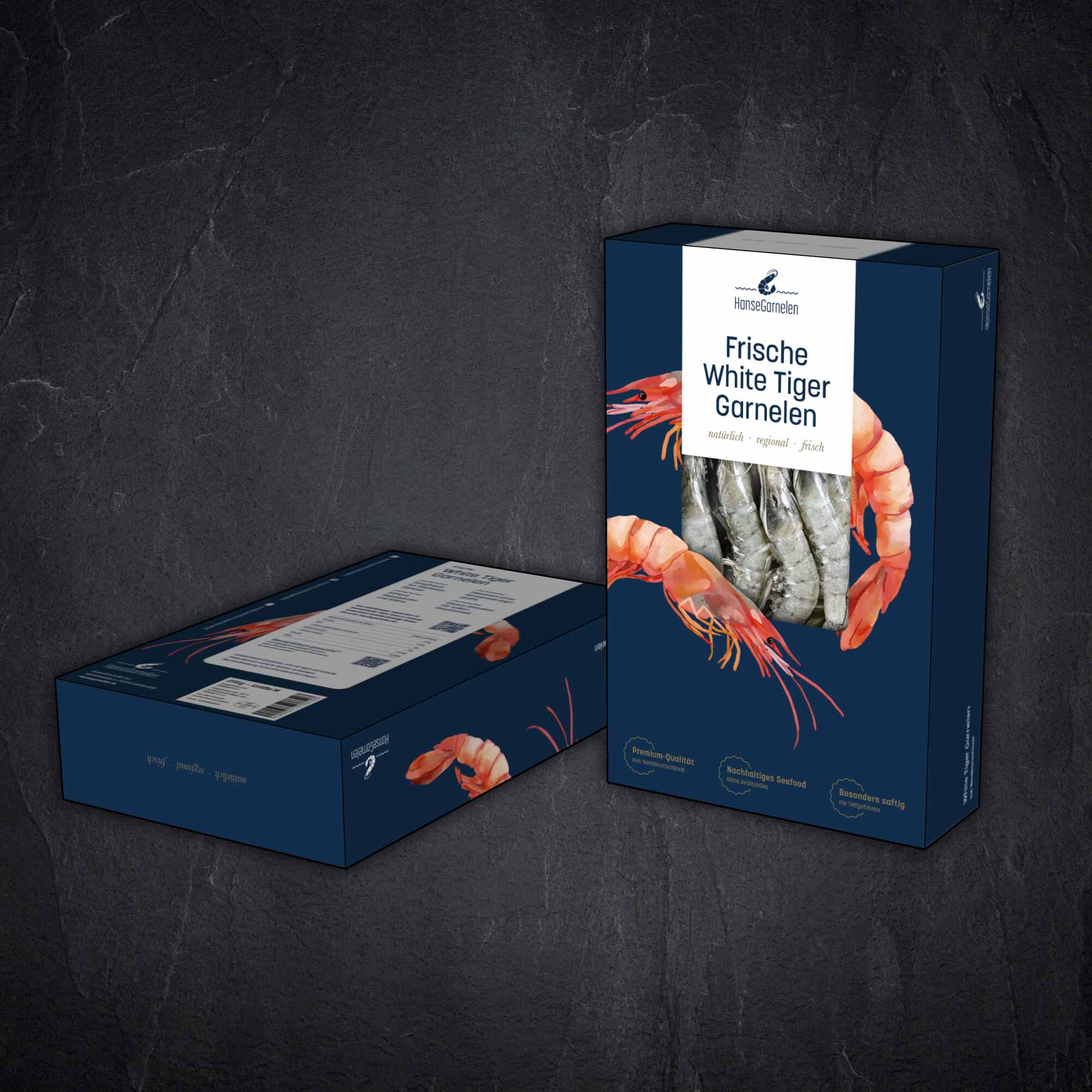 Garnelen, Frische Garnelen, White Tiger Garnelen, Schachtel, Verpackung