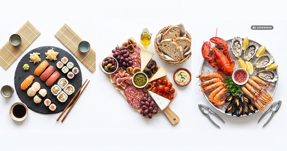 Sushi, Sushiplatte, Meze, Käseplatte, Meeresfrüchte