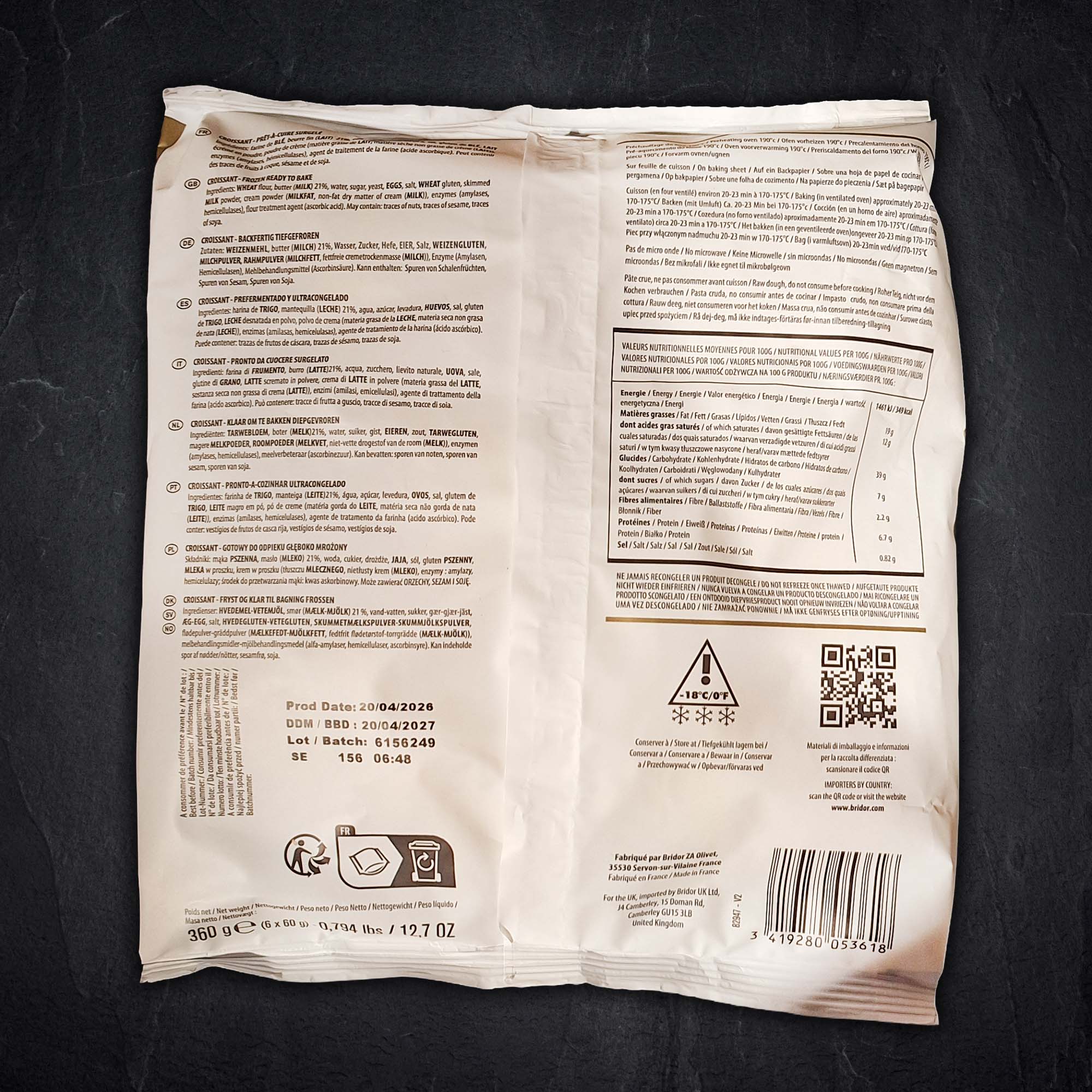 Rückseite Verpackung, Nährwertangaben, Zutaten, Barcode, Gewicht 360 g