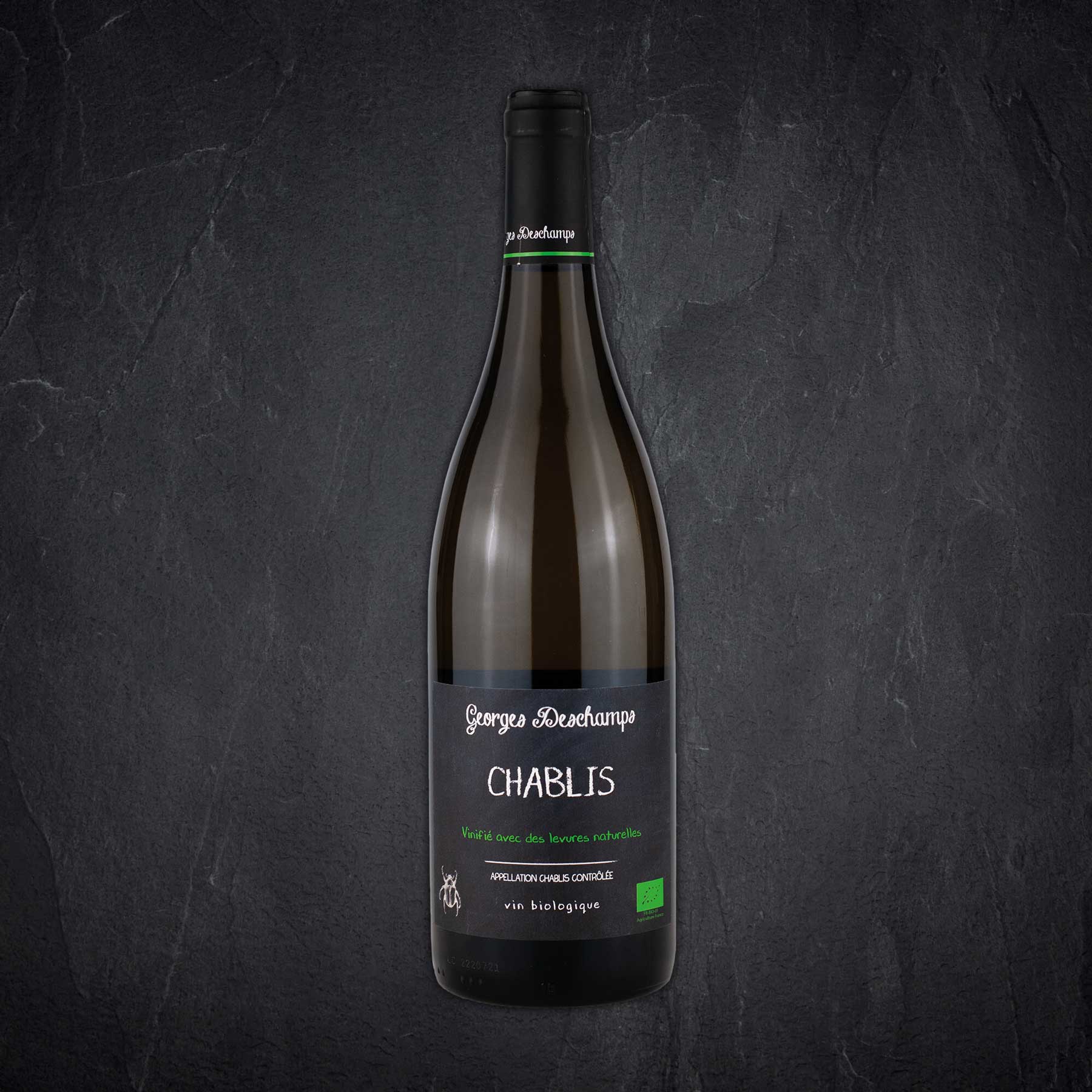 Wein, Chablis, Flasche, grünes Etikett, dunkles Glas