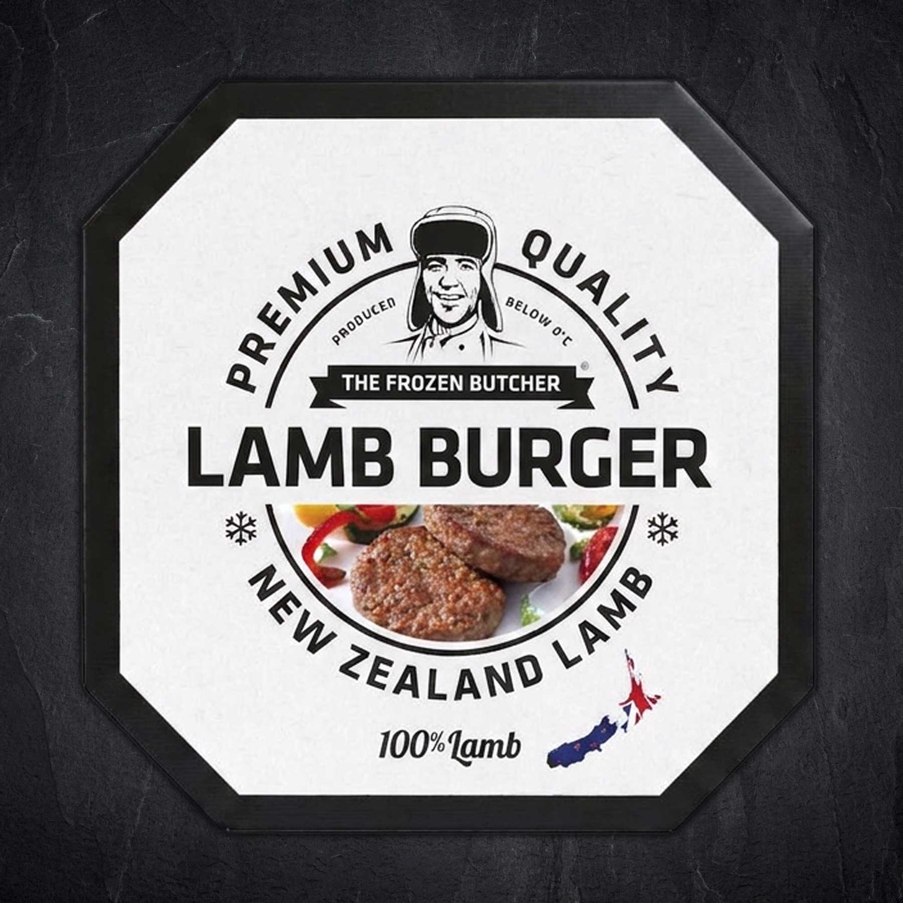 Lamb burger, Neuseeland Lamm, gefriergetrocknet?, Fleischpaste?, runder Etikett?