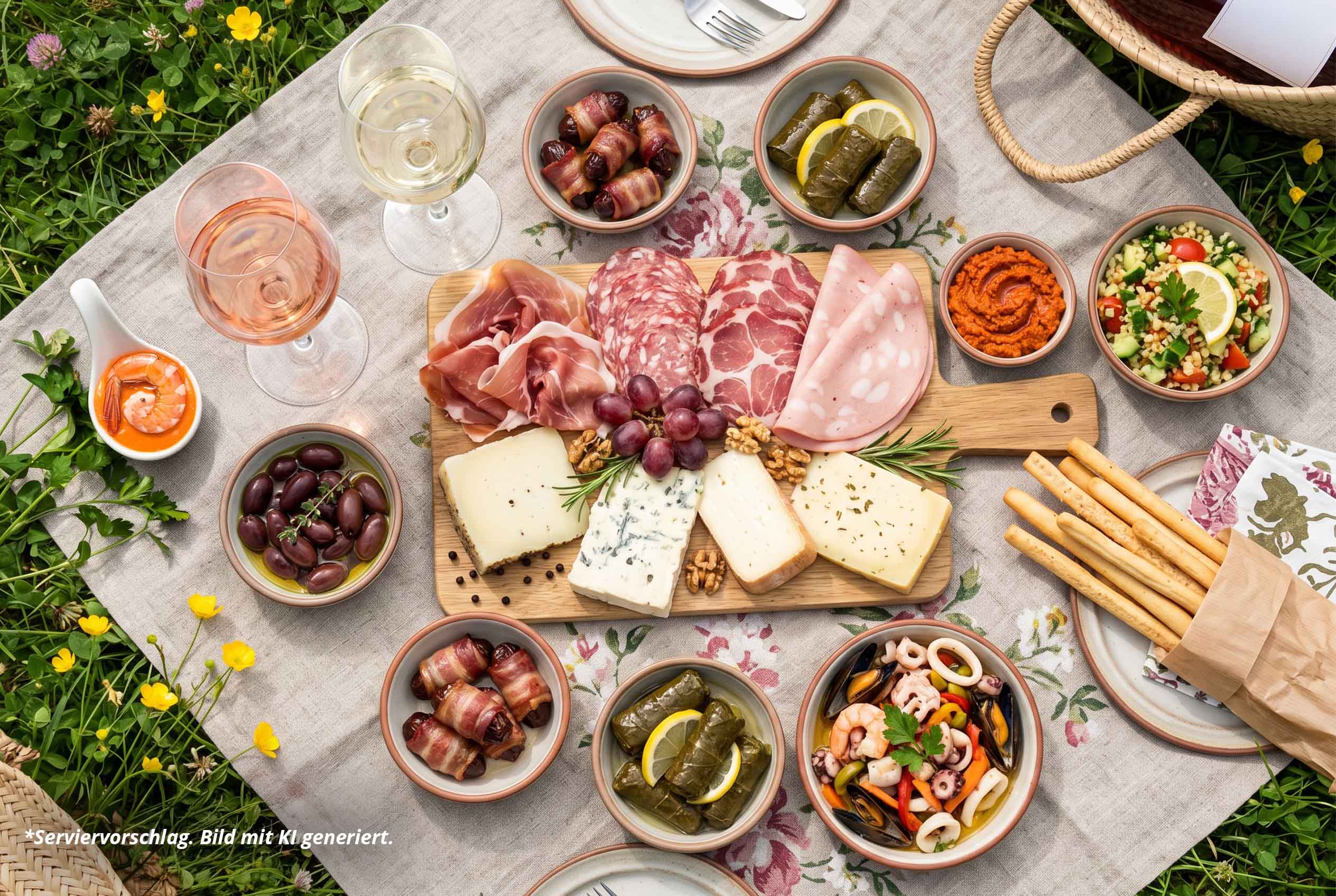 Charcuterie, Käseplatte, Antipasti, Oliven, Wein