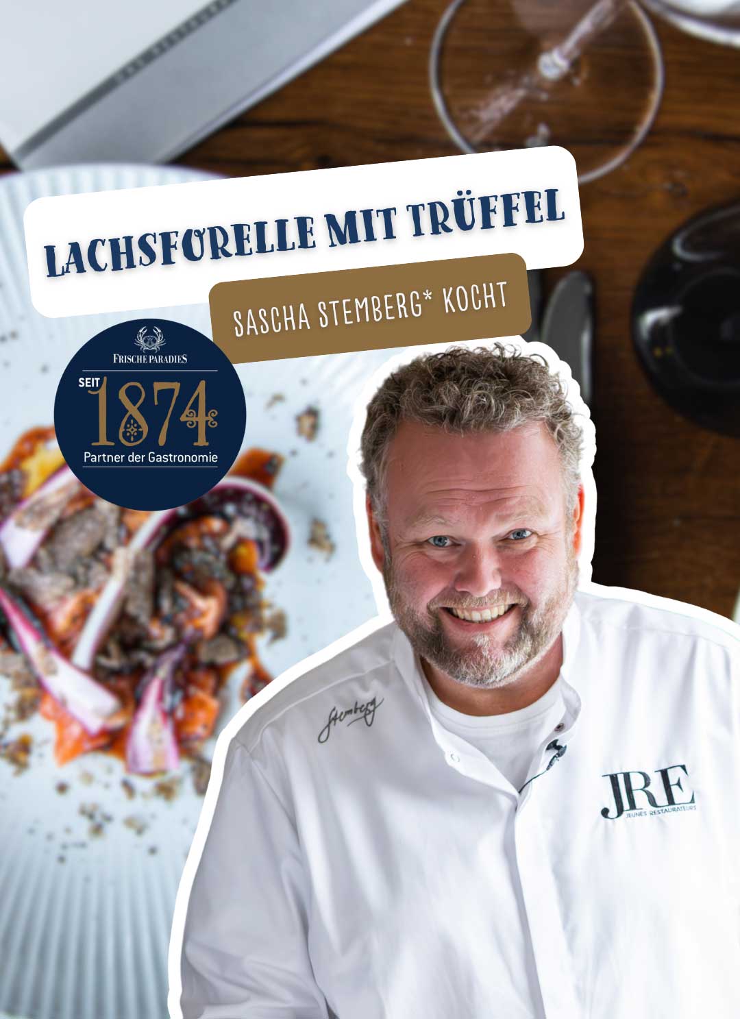 Lachsforelle, Gastrokoch, Kochjacke, JRE, Rinderzubehör