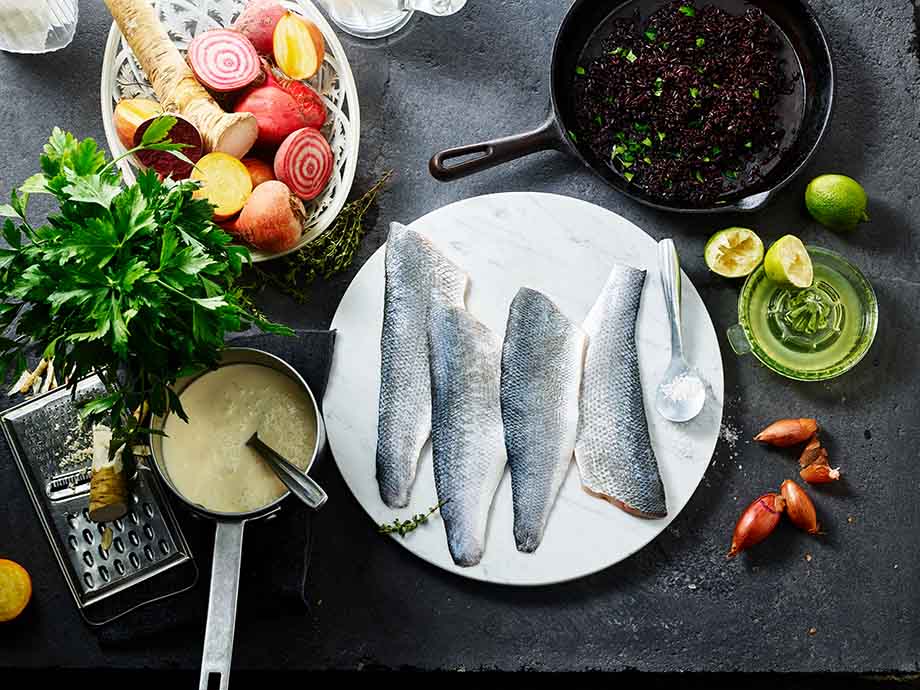 Wolfsbarschfilet Stücke 4 in der Zahl auf einem weißen Teller angeordnet. drum herum auf dem Tisch liegen noch diverse Gemüsesorten die zum Rezept dazu gehoeren.