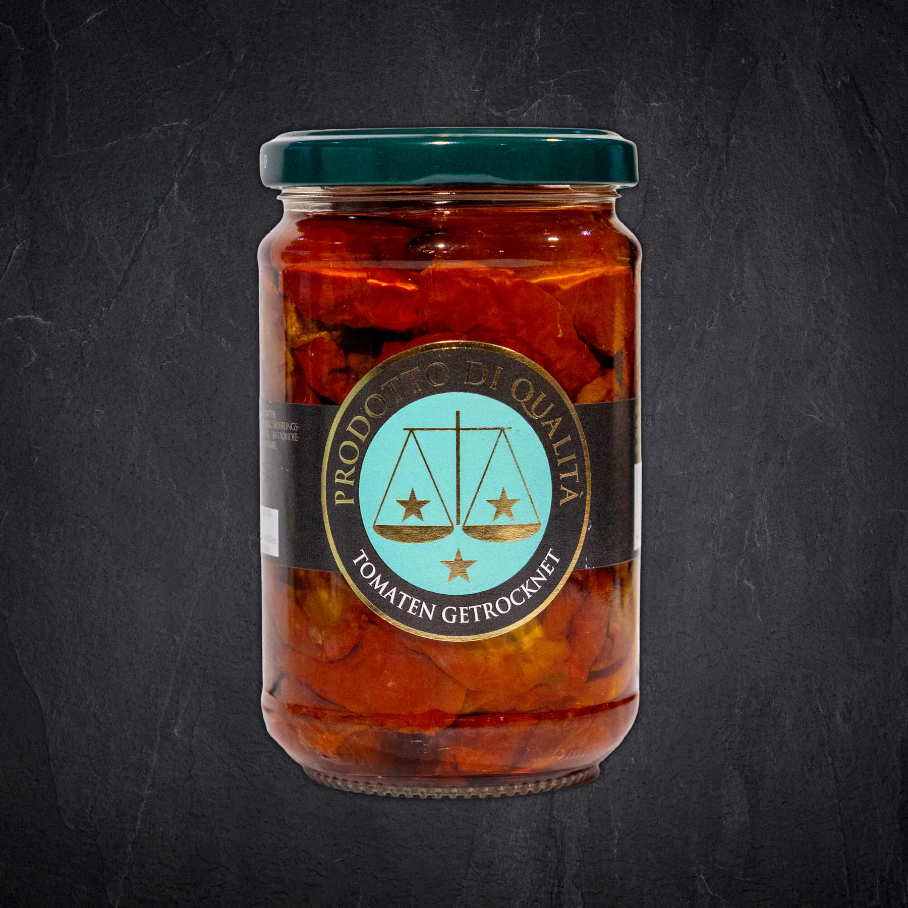 Glas jar, Tomaten, getrocknet, Delikatessen, Label Gold/Blau