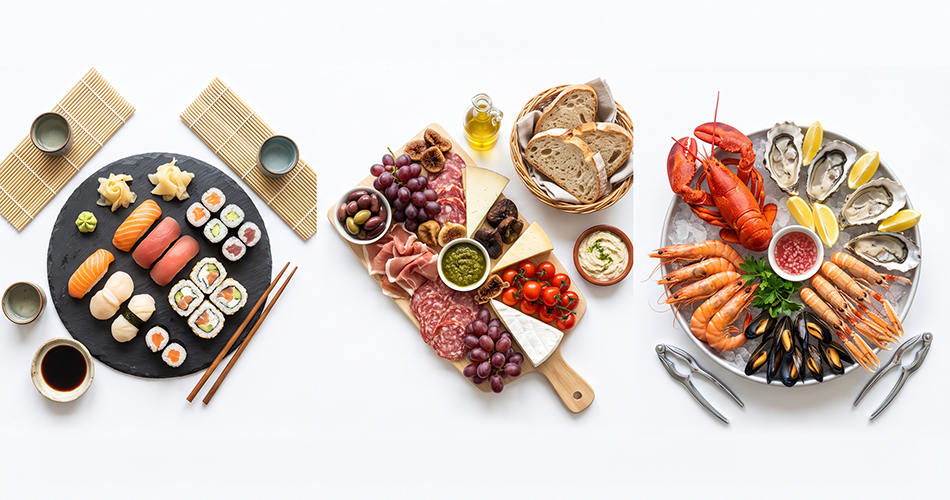 sushi, sashimi, appetizers, seafood platter, charcuterie board