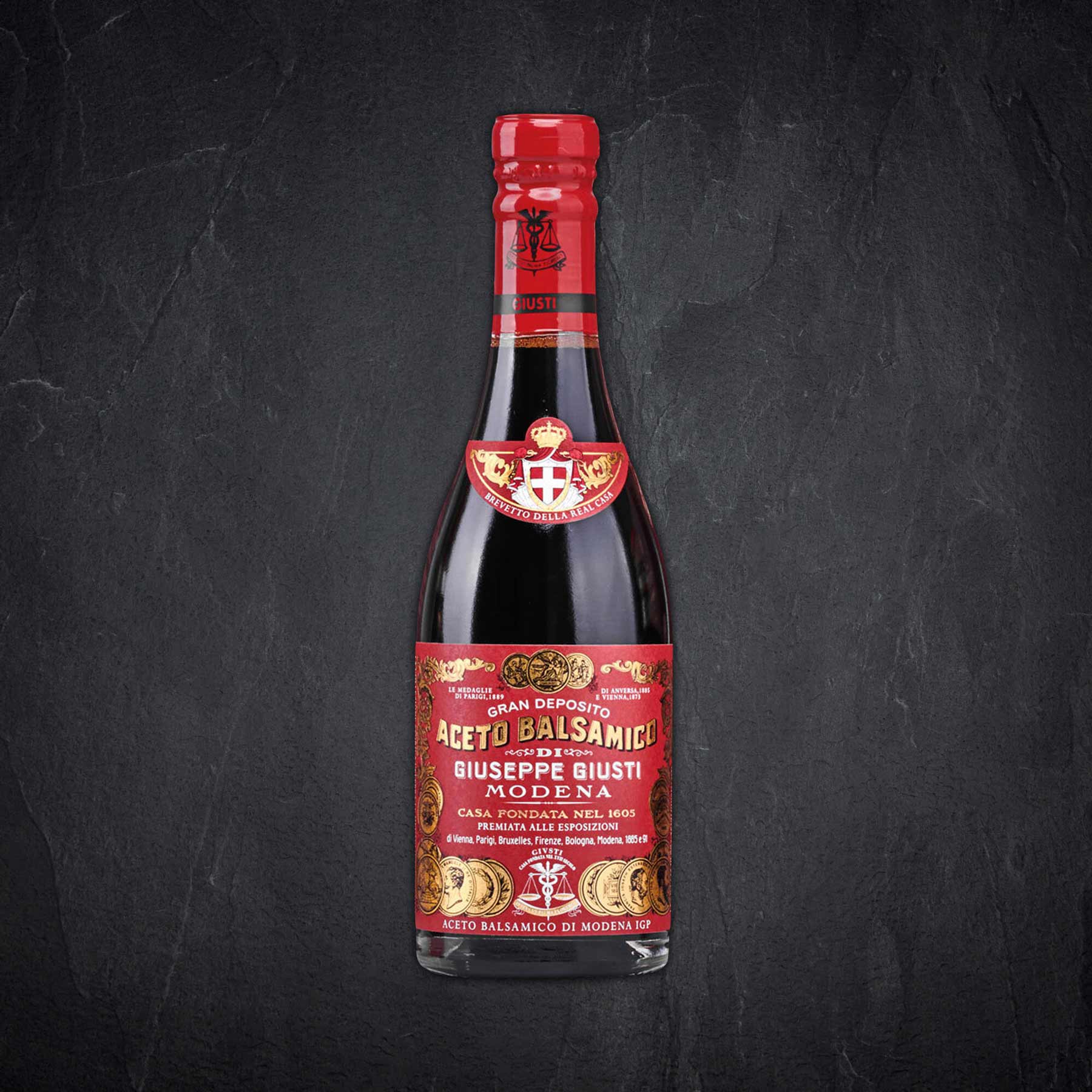 Balsamico, Essig, Glasflasche, Rot, Etikettrot