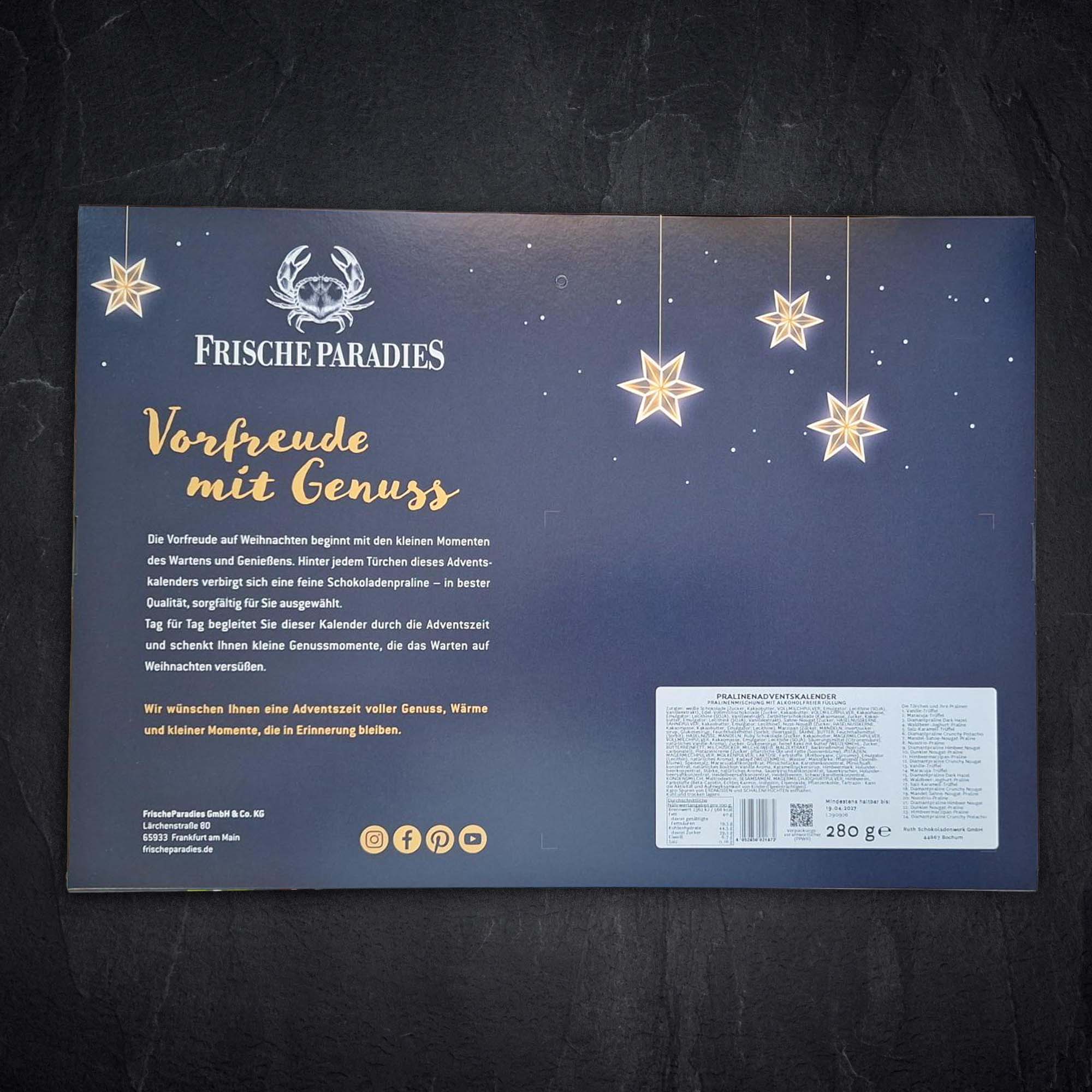 Pralinen-Adventskalender, Schokolade, Weihnachtsmotiv, Blaue Verpackung, 280 g
