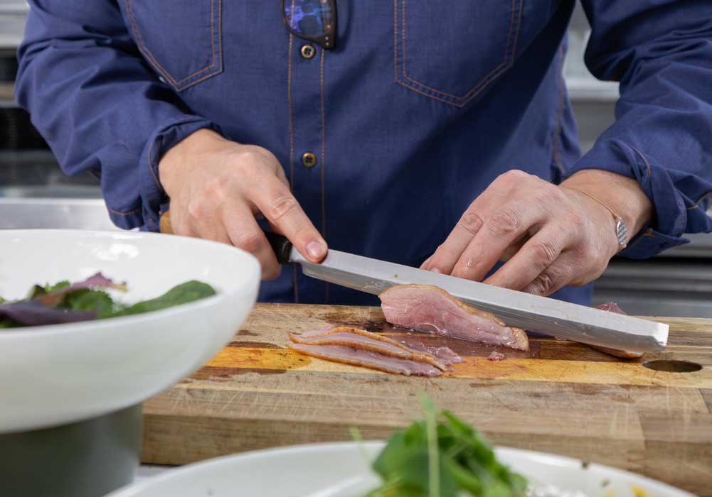 kitchen, chef, knife, meat, cutting board