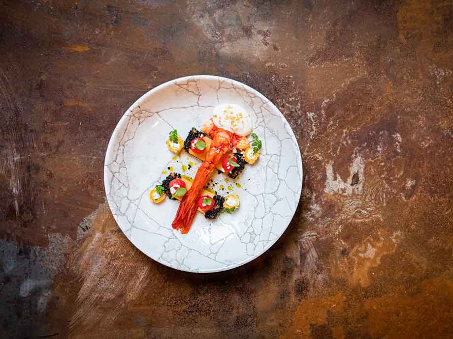 Gekochte rote Garnele mit weissem Espuma angerichtet. Garniert mit diversen Zutaten