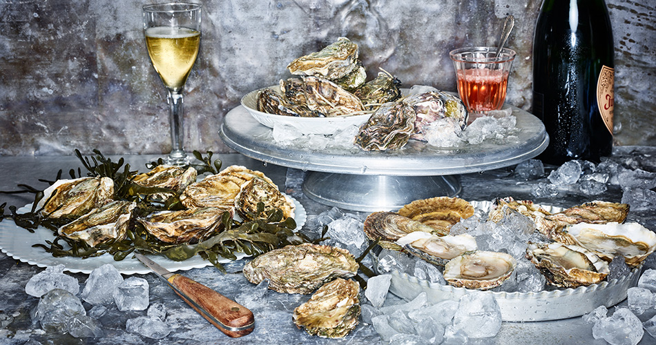 Verschiedene Austernsorten angerichtet auf hochwertigen Servierplatten mit Champagner im Glas und mit Eiswuerfeln dekoriert